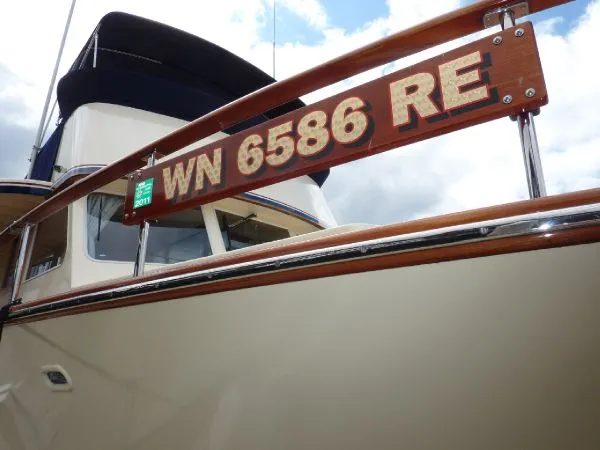 Slide: The Image of 1968 Monk 56 Flushdeck boat with registration WN 6586 RE, close-up view. - 6