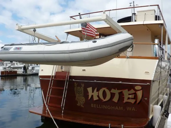 Slide: The Image of 1968 Monk 56 Flushdeck yacht with dinghy, docked in Bellingham, WA. - 8