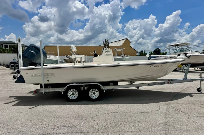 Slide: The Image of 2012 Pathfinder 2200 TRS boat on trailer under cloudy sky. - 9