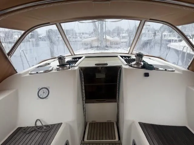 Slide: The Image of Cockpit view of 2003 Wauquiez Centurion 45s sailboat with covered helm and winches. - 18