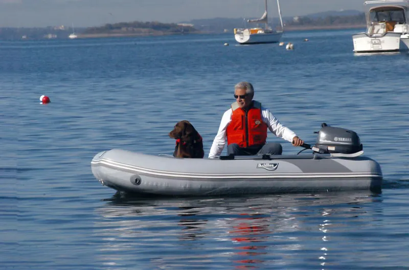 Slide: The Image of Man and dog on Achilles SPD-290E inflatable boat, 2024 model, on calm water. - 3