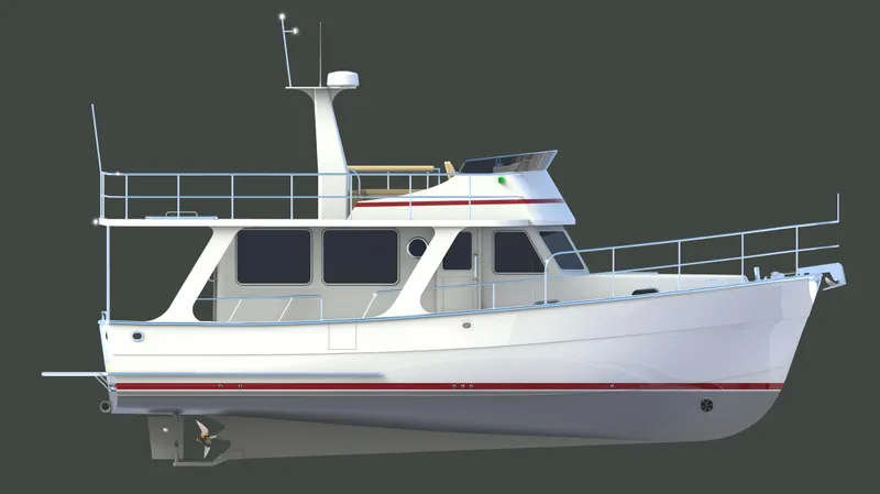 Slide: The Image of 2026 Helmsman Trawlers 38 Sedan, side view, sleek design, white hull, modern trawler. - 28