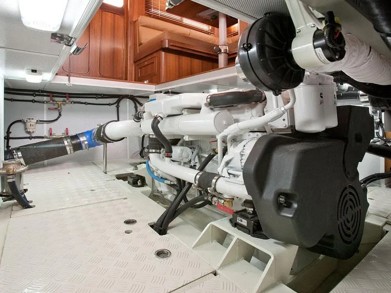 Slide: The Image of Engine room of 2026 Helmsman Trawlers 38 Sedan, showcasing modern marine machinery. - 47