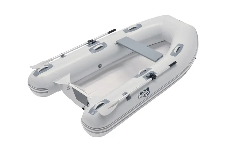 The Image of 2024 Achilles HB-280LX inflatable boat, white, with oars and seating. - 1