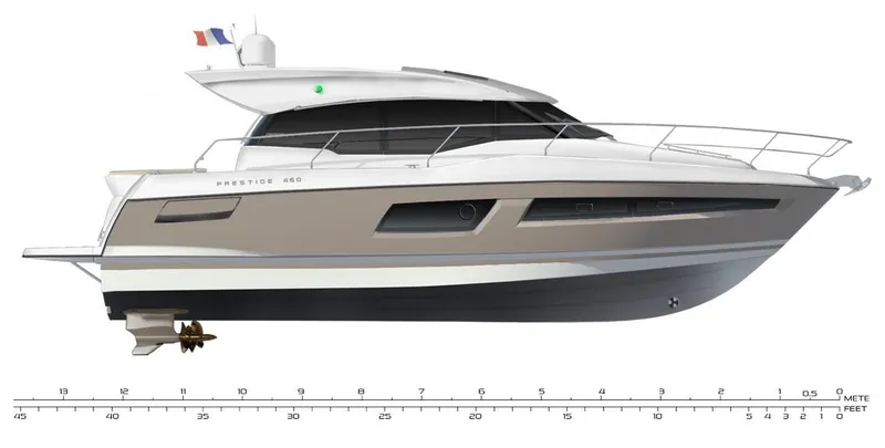 Slide: The Image of Prestige 460 Flybridge 2025 luxury yacht side view with French flag. - 31