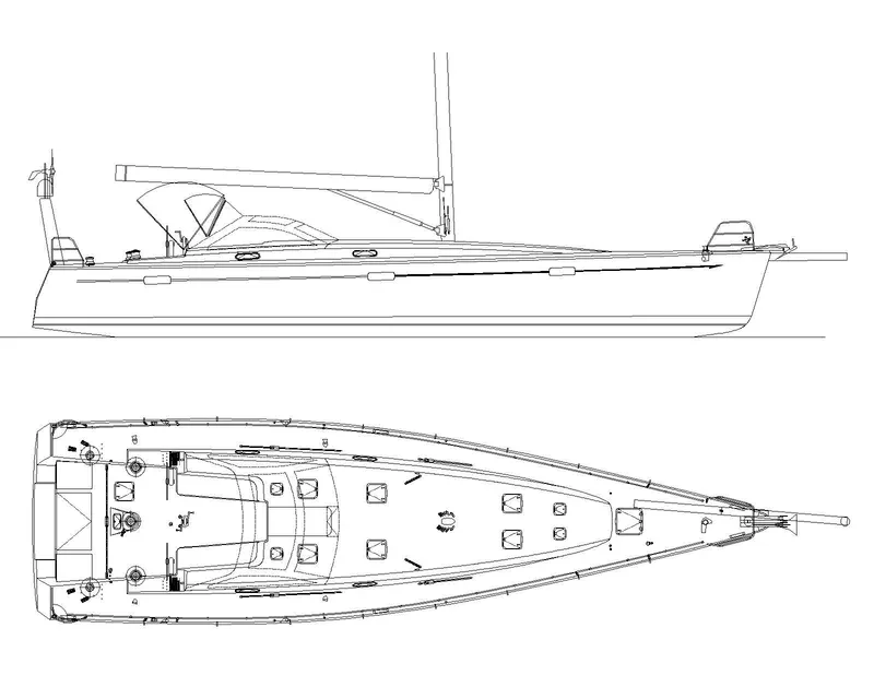 Slide: The Image of Line drawing of 2024 Lyman Morse / Farr Racer-Cruiser hull #2, side and top views. - 10