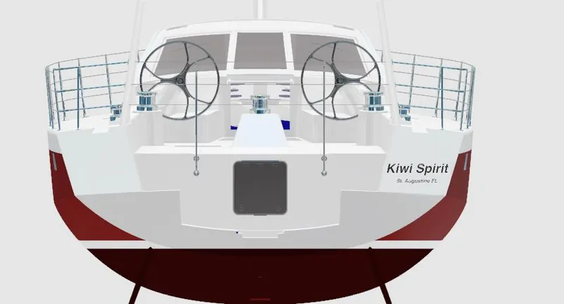 Slide: The Image of 2024 Lyman Morse Farr Racer-Cruiser hull #2, rear view with dual steering wheels. - 12