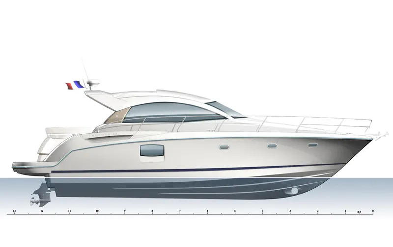 Slide: The Image of 2012 Prestige 440S yacht side view, sleek design with French flag. - 44