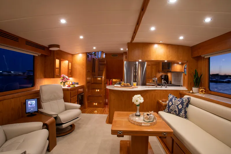 Slide: The Image of Luxurious interior of 2025 Krogen 48 AE yacht with modern furnishings and ambient lighting. - 5