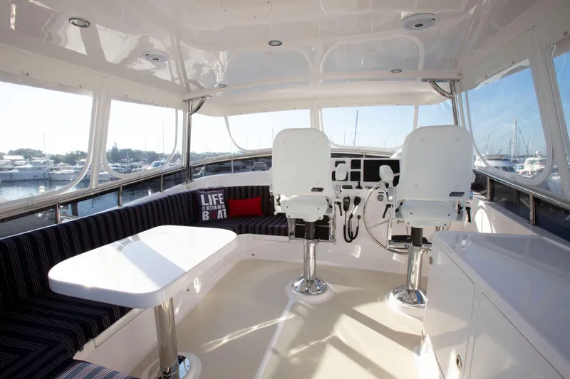 Slide: The Image of Luxurious 2025 Krogen 58 Extended Bridge yacht interior with helm and seating area. - 18