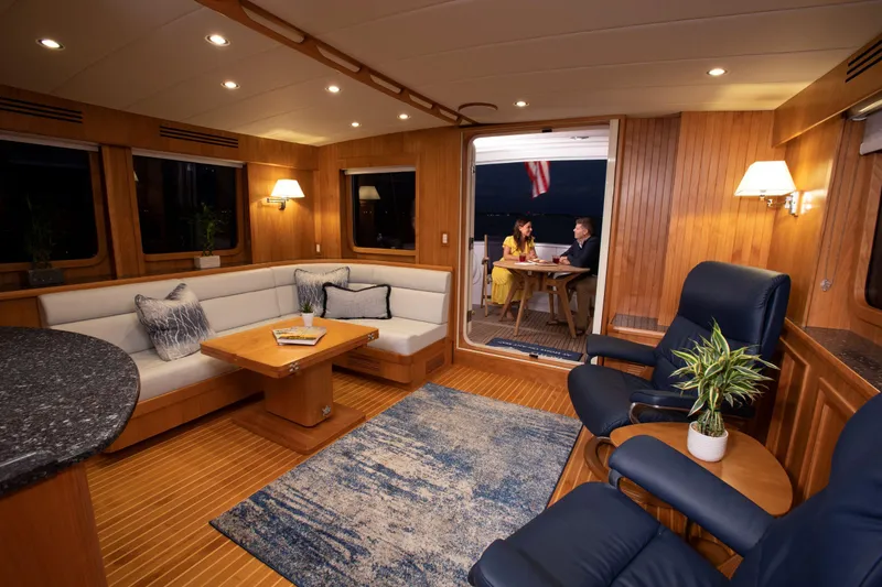 Slide: The Image of Luxurious interior of 2025 Krogen 58 Extended Bridge yacht with elegant seating and decor. - 22