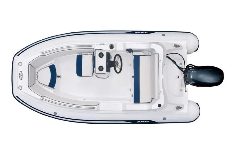 Slide: The Image of 2024 AB Inflatables Nautilus 12 DLX boat, top view, white with blue seating. - 2