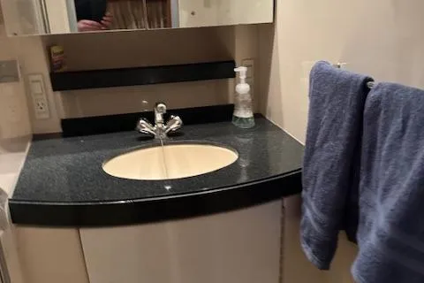 Slide: The Image of 2008 Regal 3760 bathroom sink with black countertop and blue towel. - 29