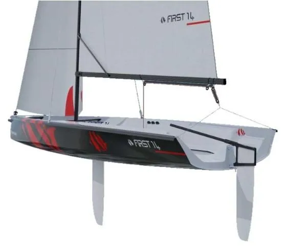 Slide: The Image of 2026 Beneteau First 14 sailboat, sleek design with modern graphics and dual rudders. - 3