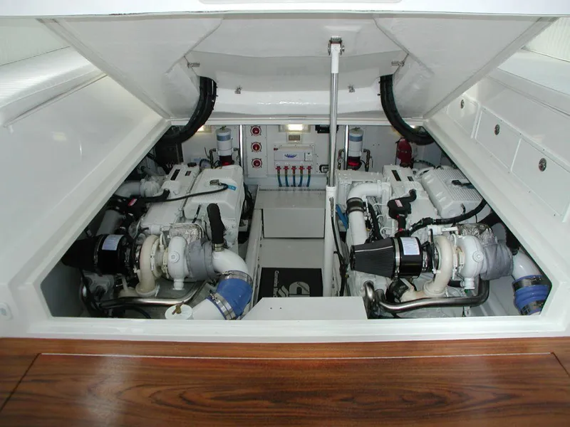 Slide: The Image of Engine room of 2024 Jersey Cape Devil 36 Custom boat with twin engines. - 17