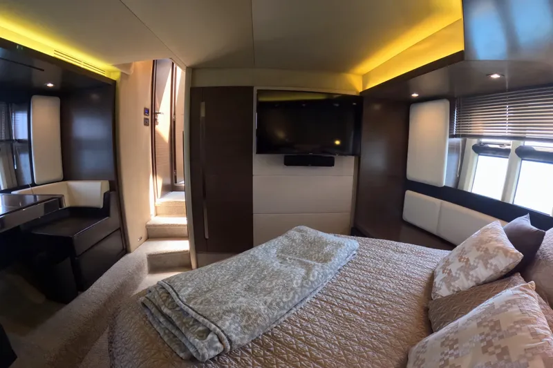 Slide: The Image of Luxurious bedroom interior of 2016 Azimut 55S yacht with modern decor and ambient lighting. - 88