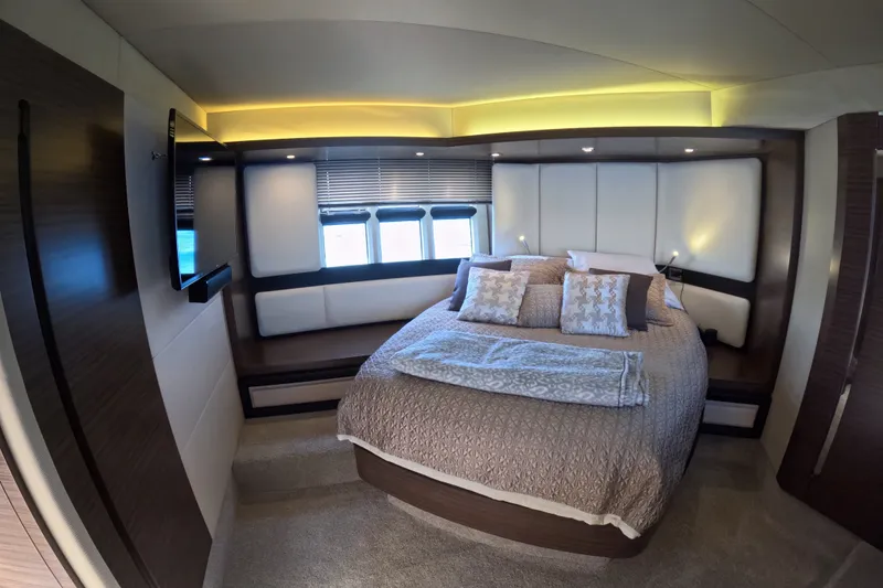 Slide: The Image of Luxurious bedroom interior of 2016 Azimut 55S yacht with modern design and cozy bedding. - 81