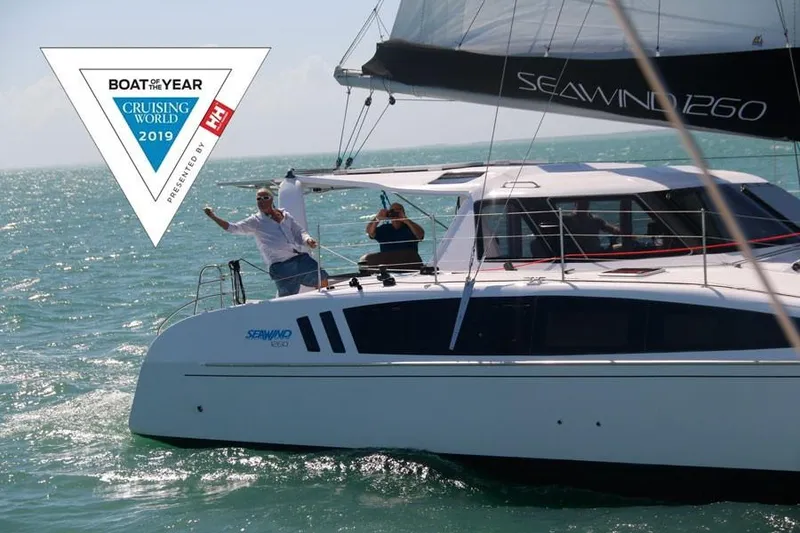 Slide: The Image of 2024 Seawind 1260 Owners Version catamaran sailing, awarded 2019 Boat of the Year by Cruising World. - 3