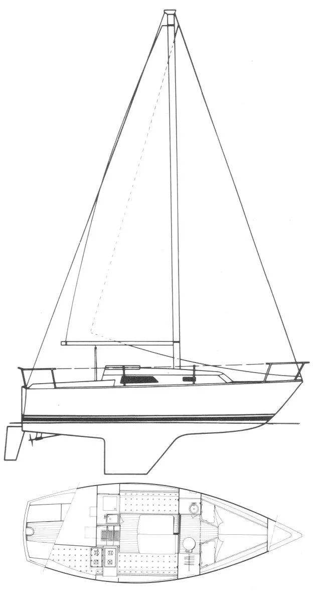 Slide: The Image of Line drawing of a 1981 CAL 25II Mk II sailboat, side and top views. - 10