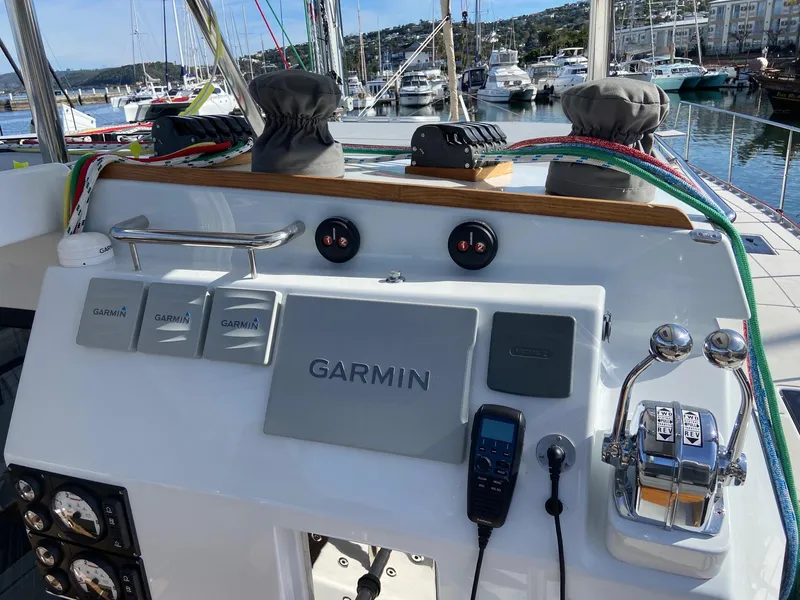 Slide: The Image of Control panel of Vision 444 yacht, 2025 model, featuring Garmin navigation equipment. - 33