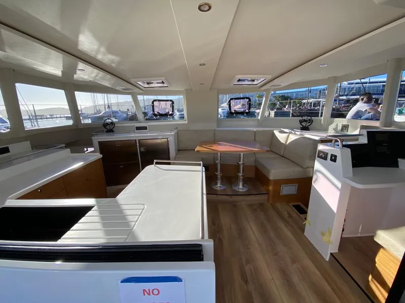 Slide: The Image of Interior of Vision 444 yacht, 2025 model, featuring modern design and spacious seating area. - 43