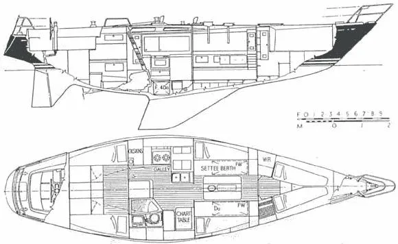 Slide: The Image of Blueprint of 1973 Nautor Swan 44 sailboat, showcasing interior layout and design details. - 34