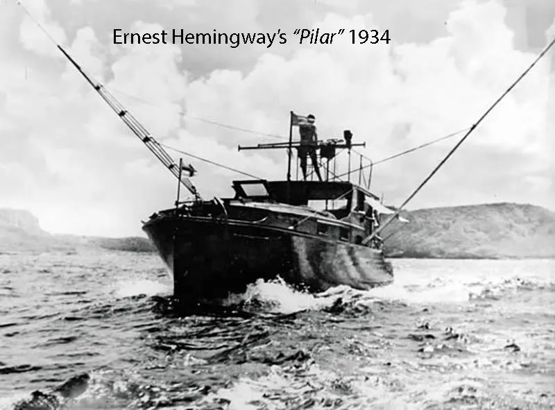 Slide: The Image of Replica of Hemingway's 1934 Pilar boat navigating through ocean waters. - 3