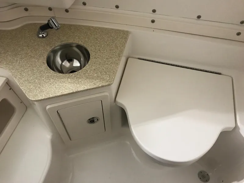 Slide: The Image of 2024 Robalo R302 boat interior with sink and toilet. - 17