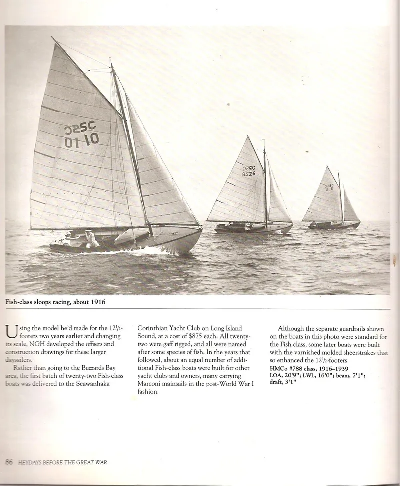 Slide: The Image of Fish Class sailboats racing, circa 1916, Herreshoff model, vintage maritime scene. - 12