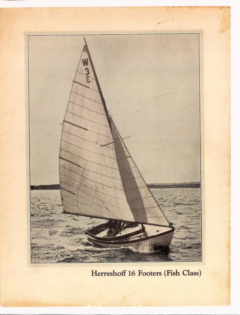 Slide: The Image of Sailing boat on water, Herreshoff Fish Class, 2011 model, vintage style image. - 8