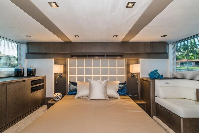 Slide: The Image of Luxurious bedroom interior of 2023 Galeon 500 Fly yacht with modern decor. - 43