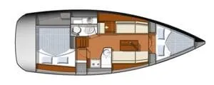 Slide: The Image of Floor plan of 2013 Jeanneau Sun Odyssey 33i sailboat, featuring cabins and living area. - 4