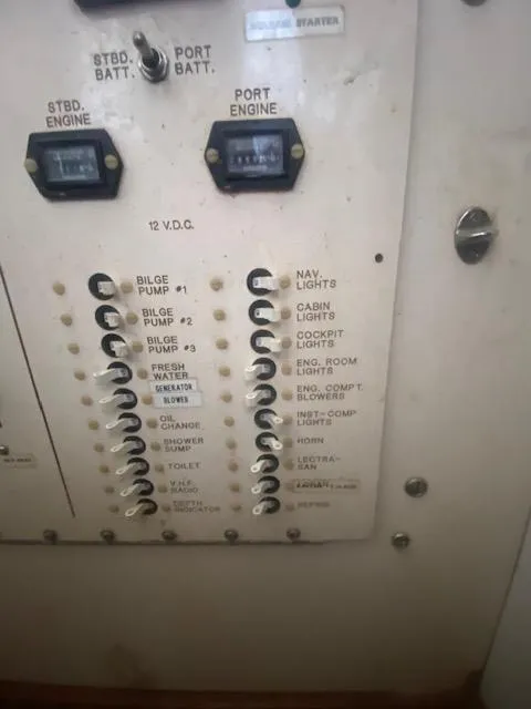 Slide: The Image of 1953 Rybovich Express control panel with switches and labels for various boat functions. - 49