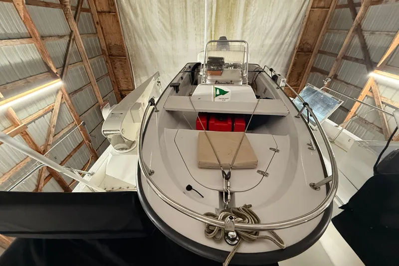 Slide: The Image of Radar equipment on 1998 Ocean Alexander Pilothouse Model 584 in a wooden boathouse. - 70