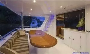 Slide: The Image of Luxurious aft deck of 2025 Endurance 700 LRC Skylounge MY yacht at dusk. - 3