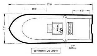 Slide: The Image of Top view schematic of 2024 Steiger Craft 23 Long Beach boat layout. - 2