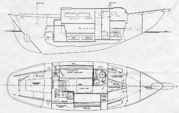 Slide: The Image of Blueprint of 1965 Allied Marine Sea Wind 30 sailboat, side and top views. - 18