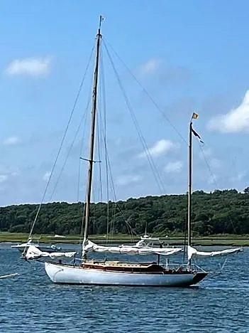 The Image of Classic 1938 Alden Yawl sailboat on calm water with lush green shoreline. - 0