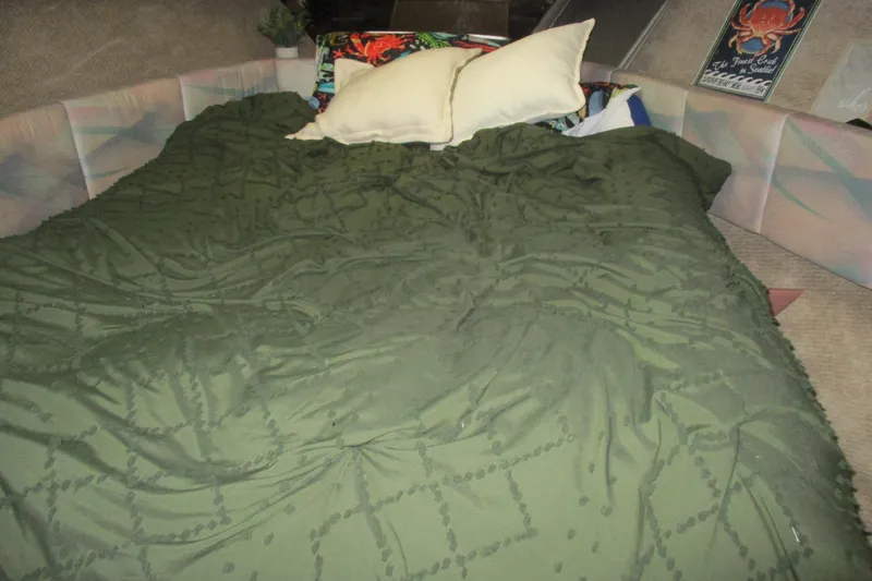 Slide: The Image of Cozy sleeping area with green bedding in 1988 Bayliner 3888 Motoryacht cabin. - 14