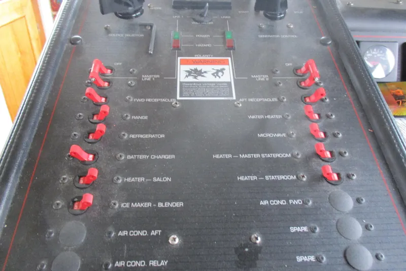 Slide: The Image of Control panel of a 1988 Bayliner 3888 Motoryacht with labeled switches and indicators. - 25