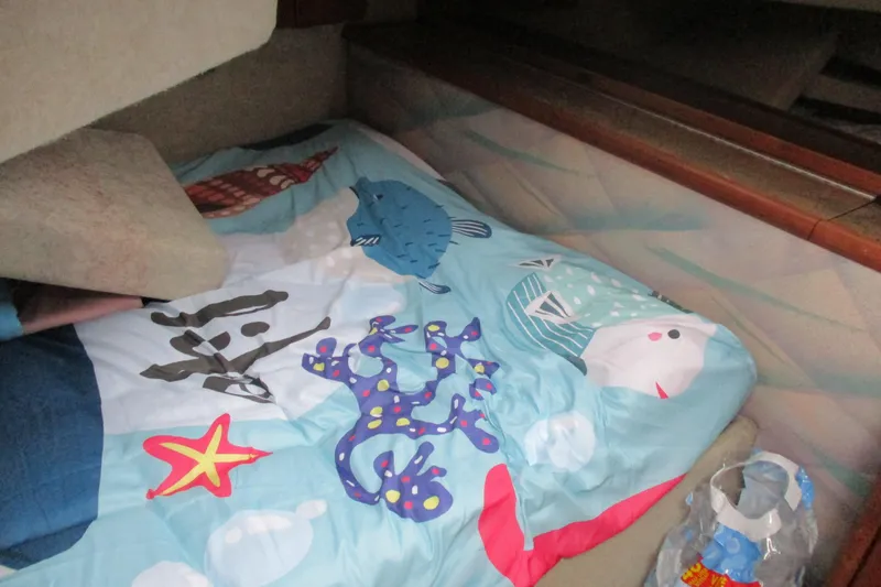 Slide: The Image of Interior cabin of 1988 Bayliner 3888 Motoryacht with colorful marine-themed bedding. - 9