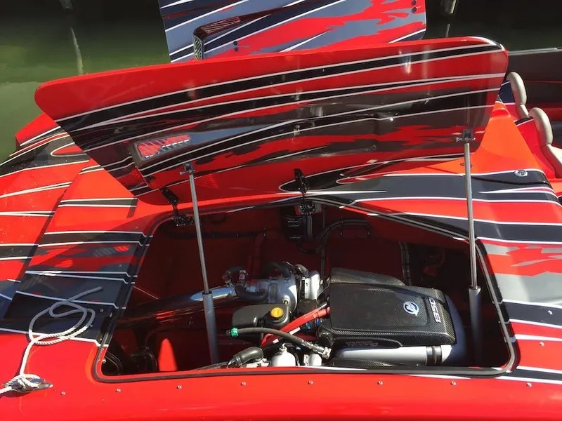 Slide: The Image of 2025 MTI Marine Technology Inc 48 Pleasure boat engine compartment with open hatch. - 10