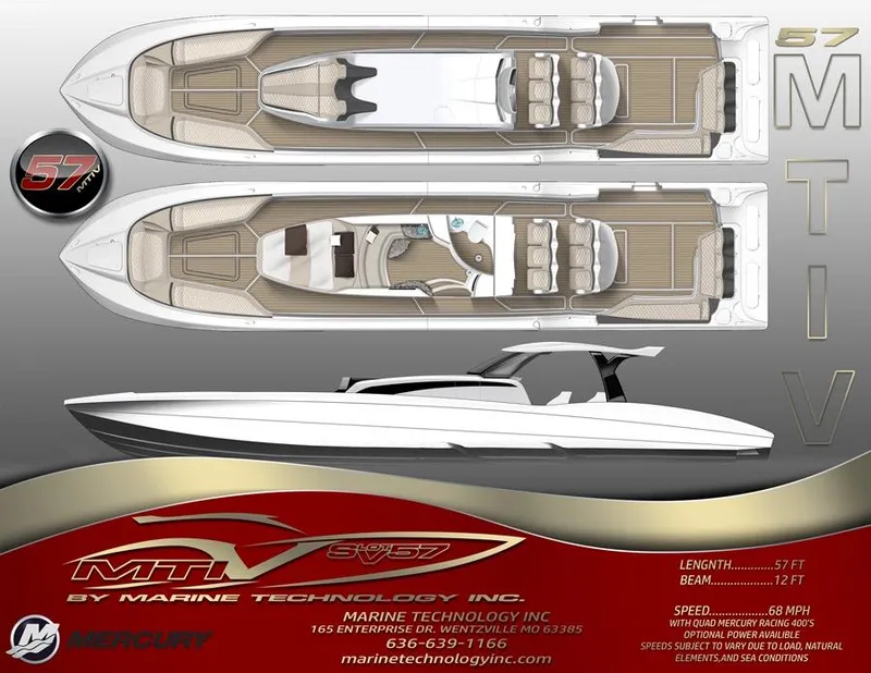 Slide: The Image of MTI V 57 boat by Marine Technology Inc, 2025 model, top and side views, specifications included. - 11