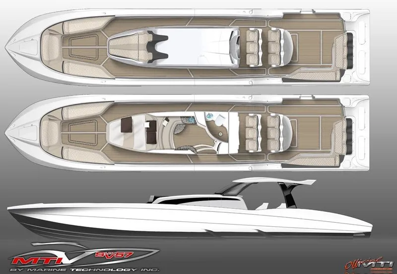 Slide: The Image of 2025 MTI V 57 boat design by Marine Technology Inc, top and side views. - 9