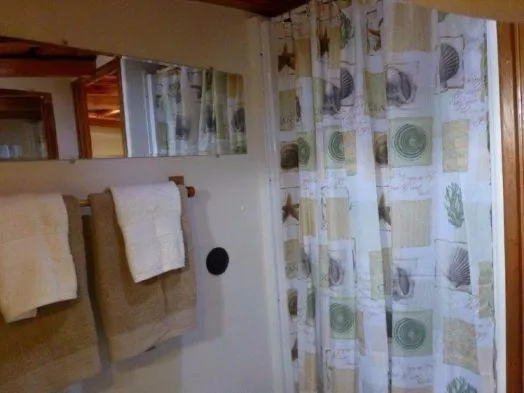 Slide: The Image of Bathroom with patterned shower curtain and towels, Diesel Duck 40, 2013 model. - 46