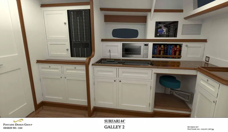 Slide: The Image of Modern yacht galley with white cabinetry, microwave, and seating, Surfari 50, 2025 model. - 33