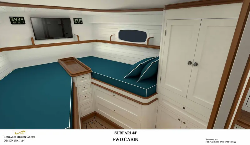 Slide: The Image of Forward cabin of 2025 Surfari 50 yacht with teal bedding and modern amenities. - 34
