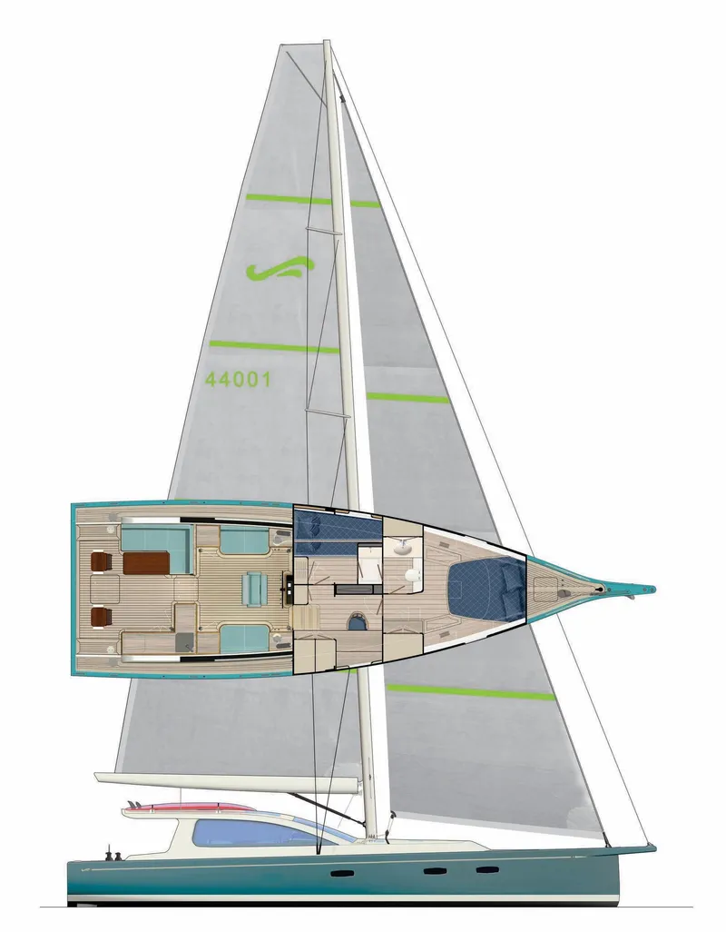 Slide: The Image of Sailboat design of Surfari 50, 2025 model, showcasing interior layout and sail plan. - 47