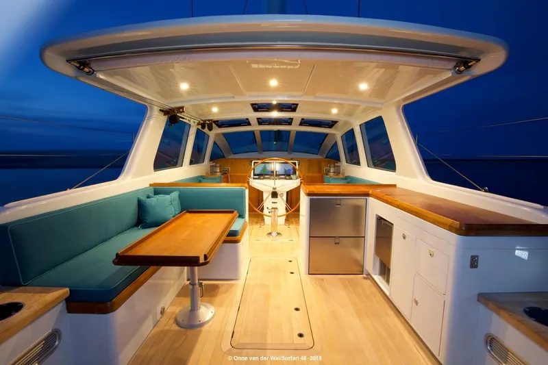 Slide: The Image of Luxurious 2025 Surfari 50 yacht interior with modern seating and ambient lighting. - 5