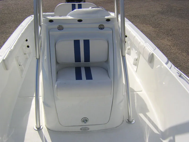 Slide: The Image of Interior view of a 2017 Glasstream 240 boat with blue stripes. - 12